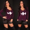 Diamond Pattern Sweater with V-Neck & Buckle - Purple - S/M