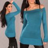 Fine Knit Long Sweater Off Shoulder Cut & Buckle - Petrol