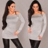 Fine Knit Long Sweater Off Shoulder Cut & Buckle - Grey