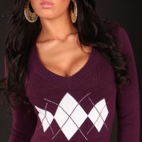 Diamond Pattern Sweater with V-Neck & Buckle - Purple - S/M