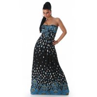 Blue & Black Patterned Strapless Long Dress - Size 6-8