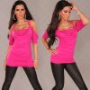 Shortsleeve Off Shoulder Shirt w. Straps & Rhinestones Fuschia